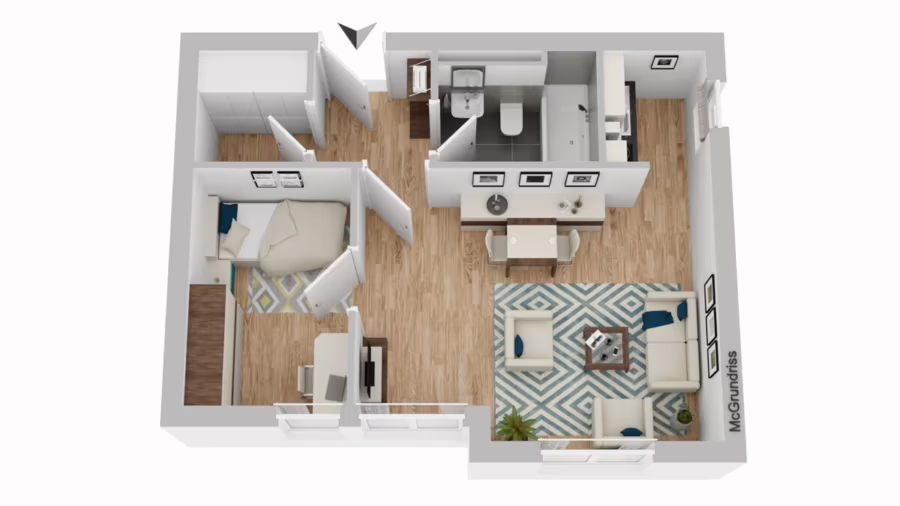 Kapitalanlage mit viel Potenzial! 2-Zimmer-Erdgeschosswohnung in Top-Lage von MB-Büderich - 3D-Grundriss Visualisierung als Vorschlag zur Renovierung (196208)